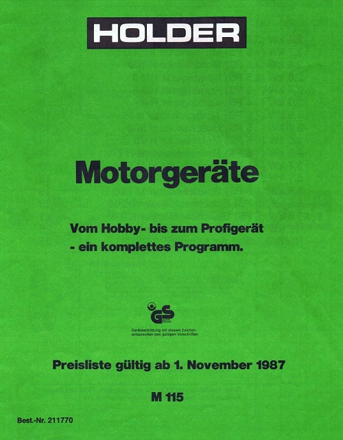 Das Holder H4 Motorgeräte-Programm und die Preisliste von 1987